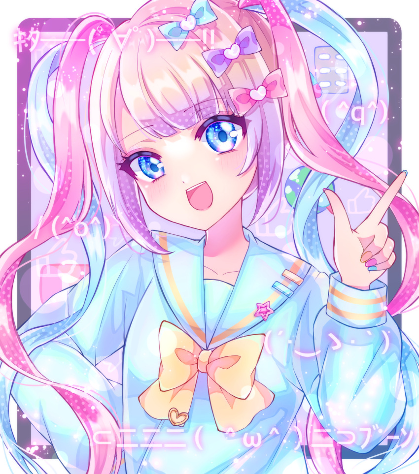 1girl, :d, blonde_hair, blue_bow, blue_eyes, blue_hair, blue_serafuku, bow, bowtie, chouzetsusaikawa_tenshi-chan, commentary_request, hair_bow, hair_ornament, heart, heart_hair_ornament, highres, hiyoko_miya, holographic_clothing, kaomoji, long_hair, long_sleeves, looking_at_viewer, multicolored_hair, multicolored_nails, multiple_hair_bows, needy_girl_overdose, open_mouth, pill, pink_bow, pink_hair, purple_bow, quad_tails, sailor_collar, school_uniform, serafuku, shirt, smile, solo, teeth, upper_body, upper_teeth_only, yellow_bow, yellow_bowtie