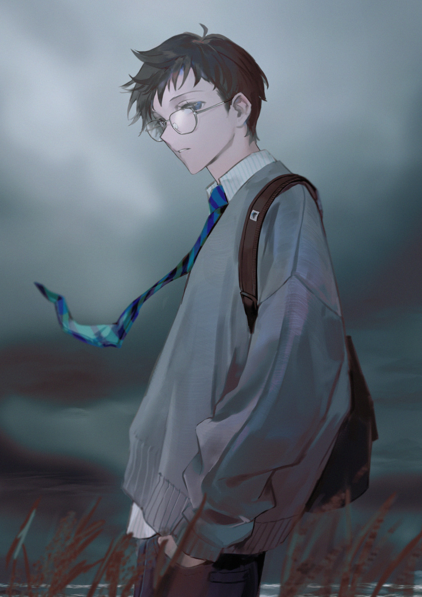 1boy, absurdres, alternate_costume, backpack, bag, black_pants, blue_eyes, blue_necktie