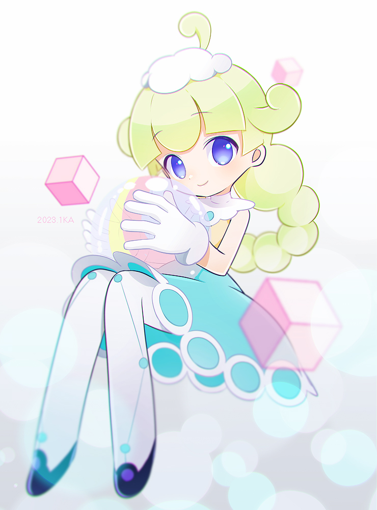 1girl, ahoge, aqua_dress, artist_name, ball, black_footwear, blue_eyes, blurry