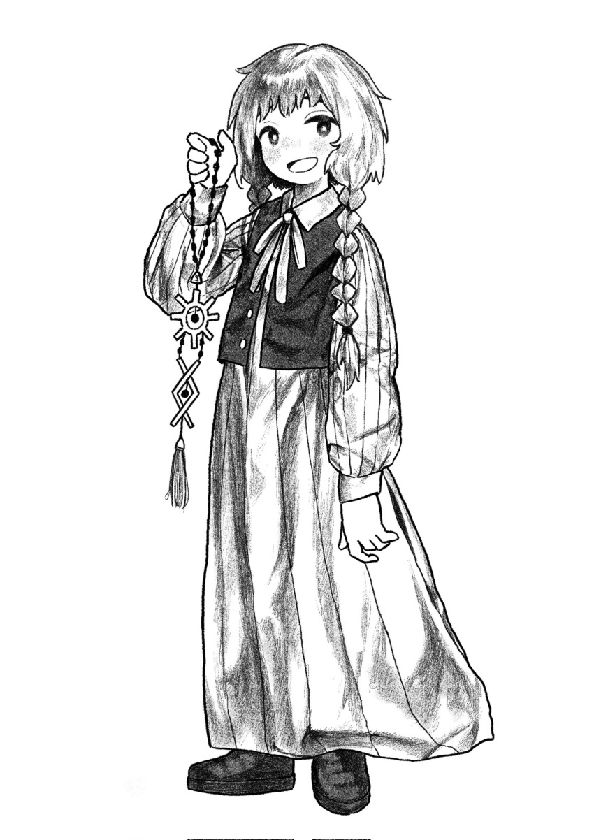 1girl, :d, amulet, black_footwear, black_vest, blush, braid, bright_pupils
