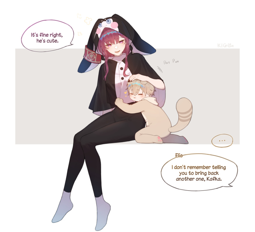 1boy, 1girl, 1other, absurdres, aged_down, brown_hair, caelus_(honkai:_star_rail), child, closed_eyes, edogawa_kigoro, elio_(honkai:_star_rail), english_text, eyebrows_hidden_by_hair, full_body, hair_between_eyes, headpat, heart, highres, honkai:_star_rail, honkai_(series), hug, kafka_(honkai:_star_rail), looking_at_another, motion_lines, nail_polish, onesie, pajamas, pom-pom_(honkai:_star_rail), raccoon_costume, simple_background, sitting, smile, sound_effects, speech_bubble, trailblazer_(honkai:_star_rail), white_background
