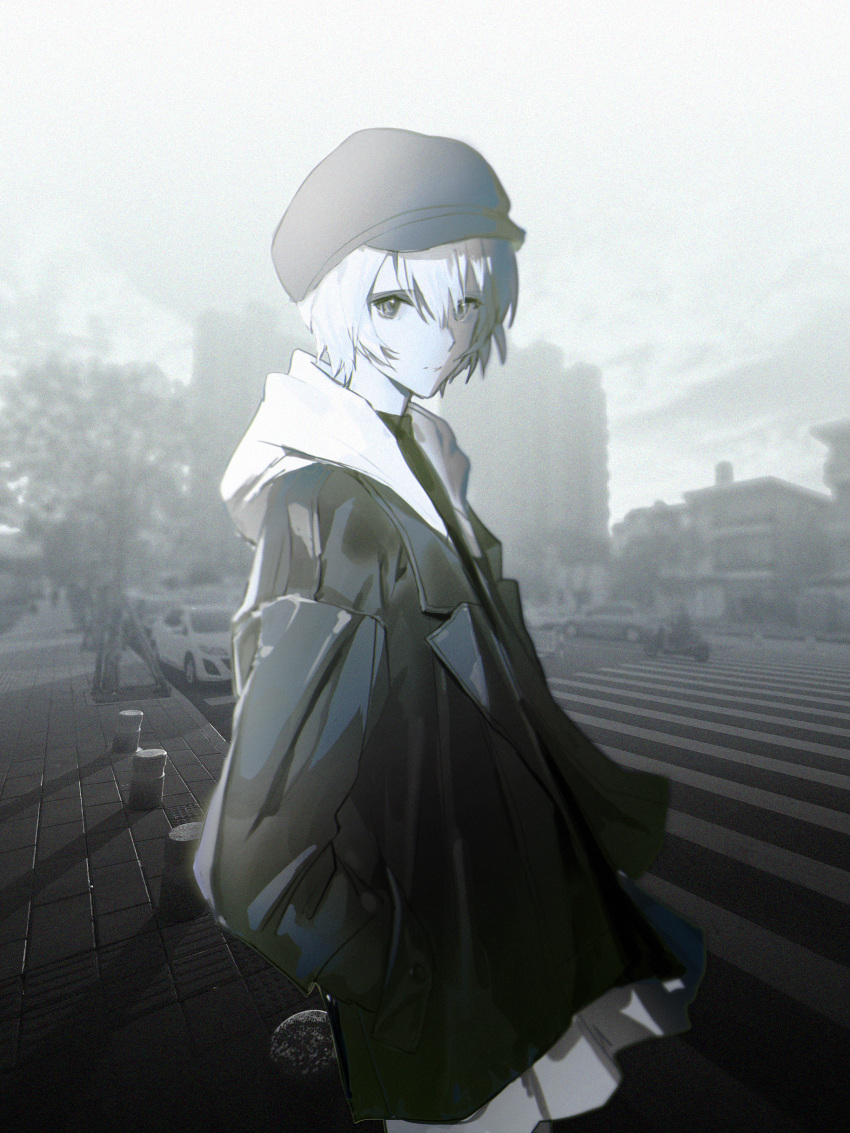 1girl, absurdres, ayanami_rei, black_hat, black_jacket, blue_hair, casual, cityscape