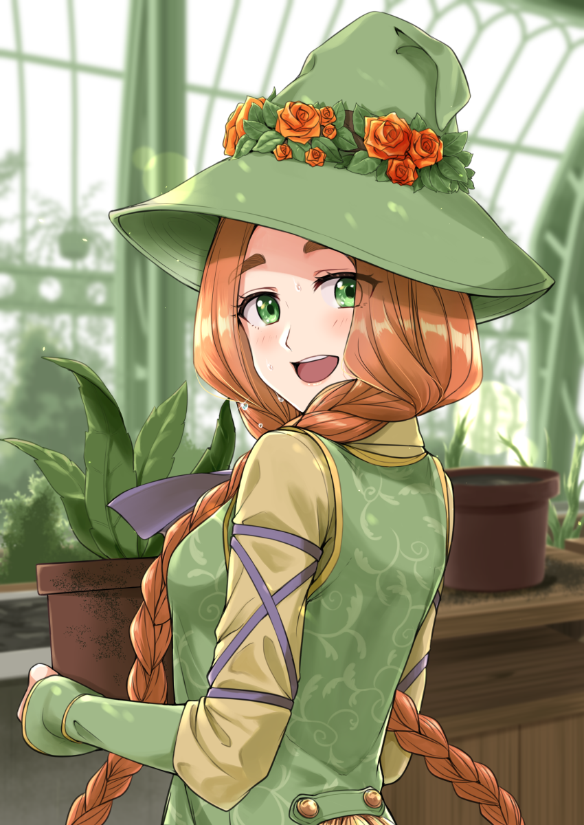 1girl, braid, commentary_request, dress, flower, flower_hat, from_behind, green_dress