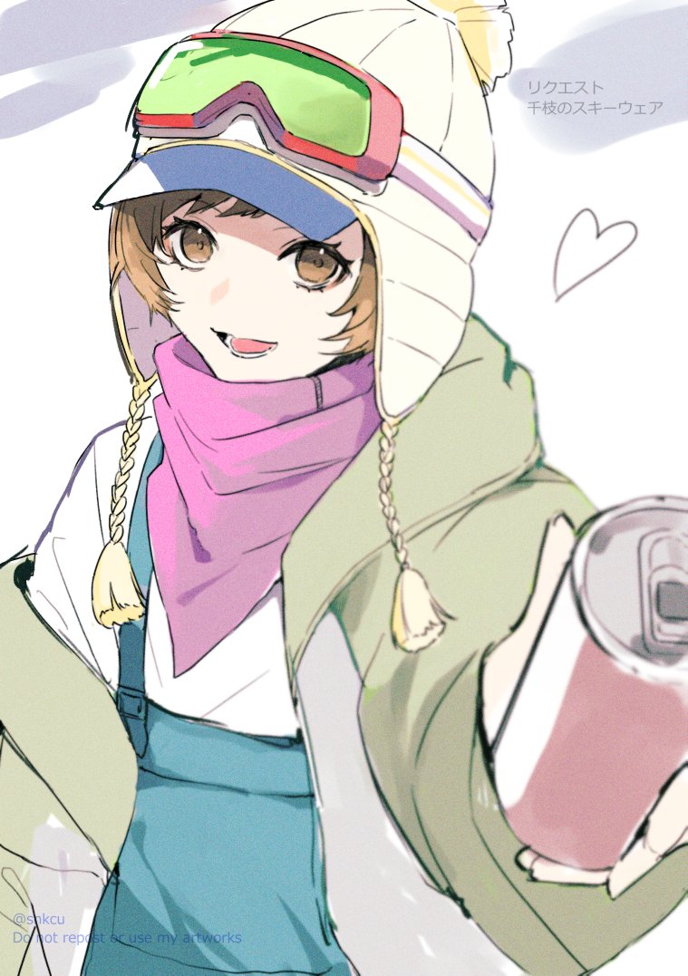 bandana, beanie, blue_overalls, bob_cut, brown_hair, can, coat, earflap_beanie