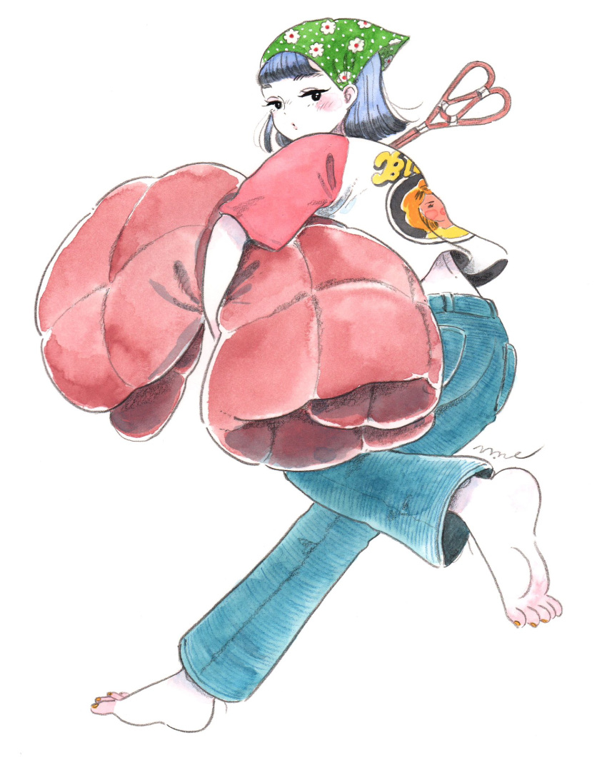 1girl, :o, bandana, barefoot, black_eyes, blue_pants, blush, cleaning