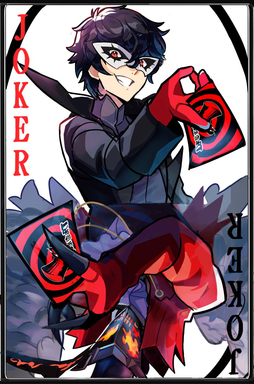 1boy, absurdres, amamiya_ren, arsene_(persona_5), ascot, black_hair, black_jacket, calling_card, card, coat, gloves, grin, hair_between_eyes, hat, high_collar, highres, holding, holding_card, jacket, joker_(playing_card), long_sleeves, looking_at_viewer, male_focus, mask, persona, persona_5, playing_card, red_eyes, red_gloves, short_hair, simple_background, smile, spyg, top_hat, wings
