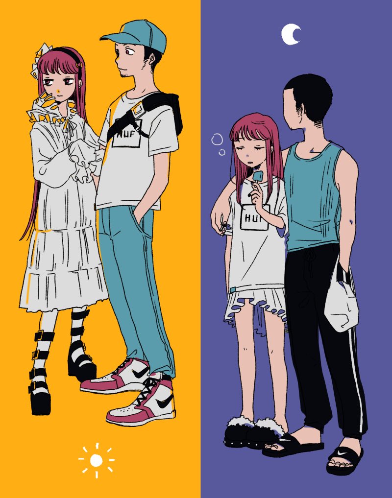 1boy, 1girl, alternate_costume, arm_around_shoulder, bag, baseball_cap, black_footwear, black_hair, black_pants, blue_hat, blue_pants, blue_tank_top, bow_hairband, brown_eyes, casual, city_sanzu, closed_eyes, crescent, dress, fanny_pack, frills, hairband, hands_in_pockets, hat, hetero, iori_junpei, lolita_fashion, long_hair, long_sleeves, multiple_boys, multiple_girls, nike_(company), pants, pantyhose, persona, persona_3, plastic_bag, platform_footwear, print_shirt, red_eyes, redhead, shirt, shoes, short_hair, simple_background, sleeping, sleeves_past_fingers, sleeves_past_wrists, slides, slippers, smile, sneakers, squeans, standing, sun_symbol, t-shirt, tank_top, track_pants, two-tone_background, white_dress, white_pantyhose, white_shirt, yoshino_chidori