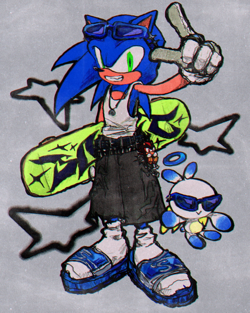 1boy, alternate_costume, amenoichi, animal_ears, animal_nose, belt, black_shorts, blue-framed_eyewear