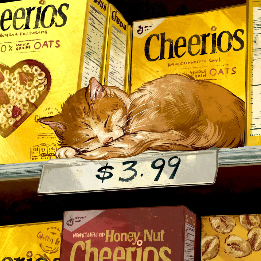 absurdres, animal, animal_focus, cat, catwheezie, cereal_box, cheerios, closed_eyes, commentary, derivative_work, english_commentary, highres, honey_nut_cheerios, indoors, no_humans, orange_cat, original, photo-referenced, price, sleeping, solo, tail, whiskers