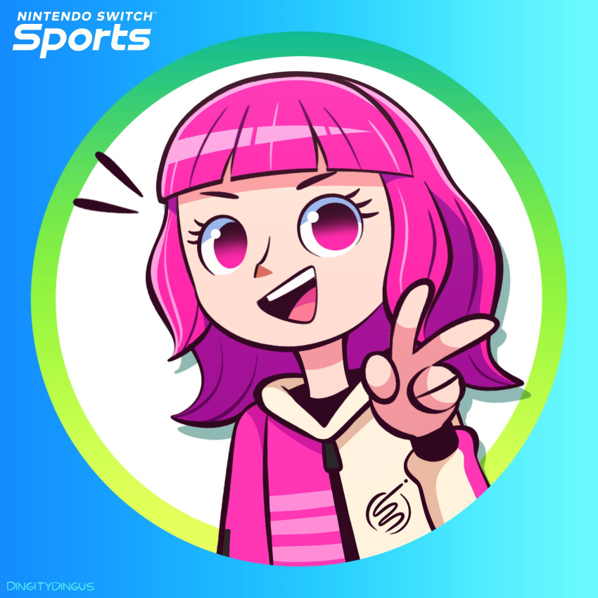 1girl, blue_background, copyright_name, happy, highres, hime_cut, long_hair, long_sleeves