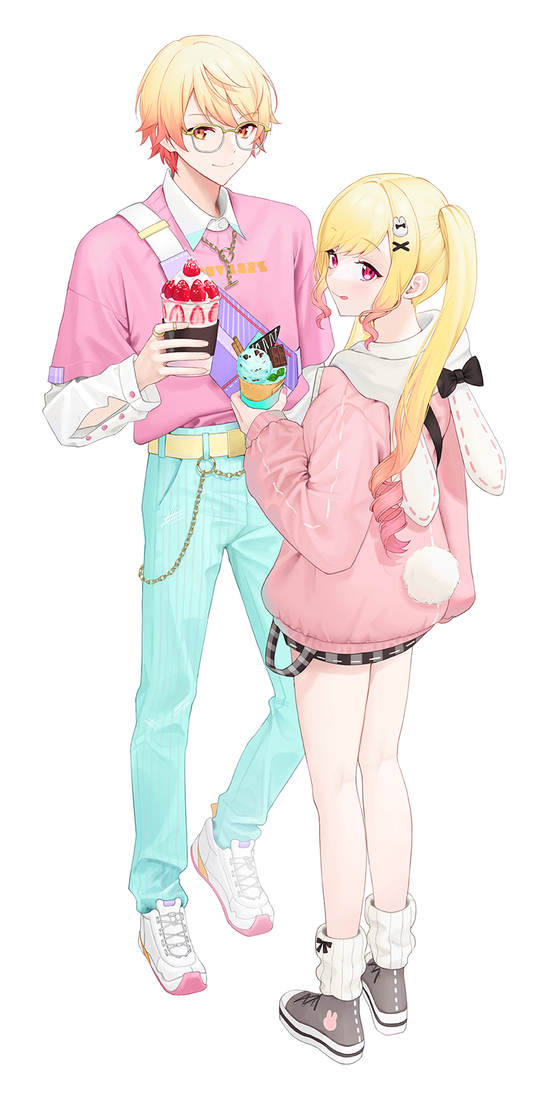 1boy, 1girl, 2_(tsvf3235), aqua_pants, belt, bespectacled, black_bow, blonde_hair