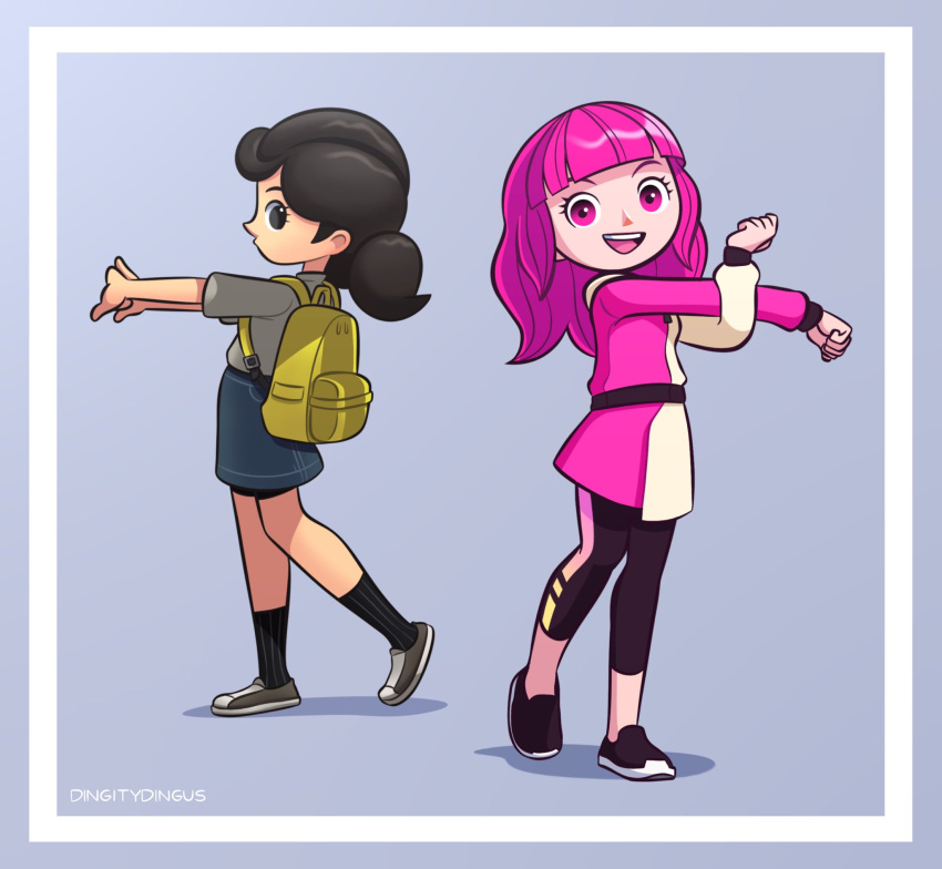 2girls, backpack, bag, black_socks, denim, denim_skirt, from_side, full_body