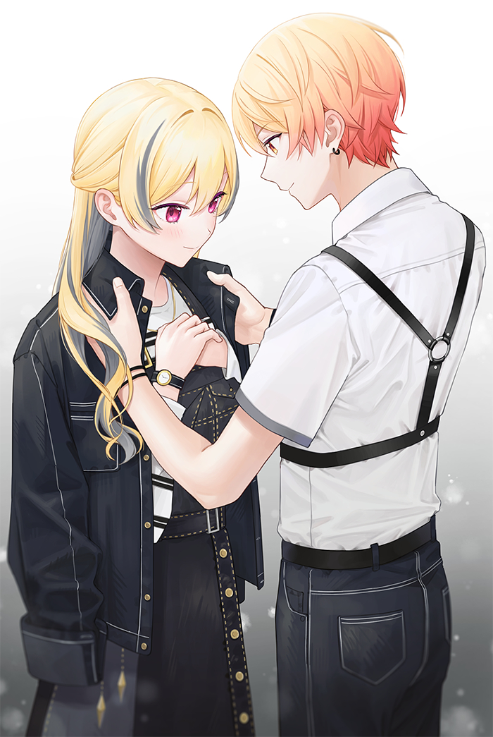 1boy, 1girl, 2_(tsvf3235), adjusting_another's_clothes, belt, black_belt, black_dress, black_jacket