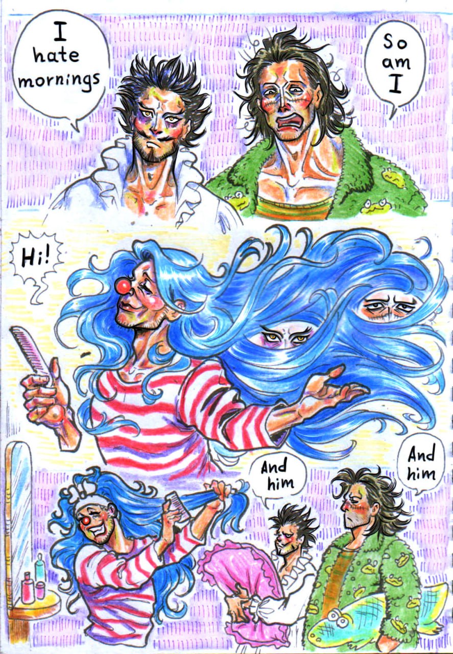 3boys, beard, black_hair, blue_hair, brushing_hair, buggy_the_clown, clown_nose, comb, crocodile_(one_piece), dracule_mihawk, english_commentary, english_text, facial_hair, green_jacket, highres, holding, holding_comb, hugging_object, jacket, long_hair, lovelowecraft, makeup, male_focus, mirror, multiple_boys, mustache, one_piece, pillow, red_nose, short_hair, speech_bubble, stitched_face, stitches, striped_clothes, upper_body, very_long_hair