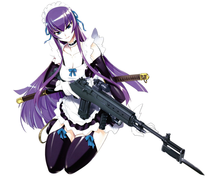 bayonet, black_legwear, blue_eyes, bow, busujima_saeko, garter_straps, gun, highres