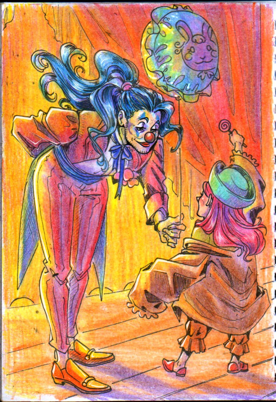 1boy, 1girl, balloon, beard, blue_hair, buggy_the_clown, commentary_request, facial_hair, full_body, hair_tie, hat, highres, holding, holding_balloon, jacket, jewelry_bonney, lovelowecraft, makeup, one_piece, pants, pink_hair, ponytail, red_lips, red_nose, shirt, ukrainian_commentary, white_shirt