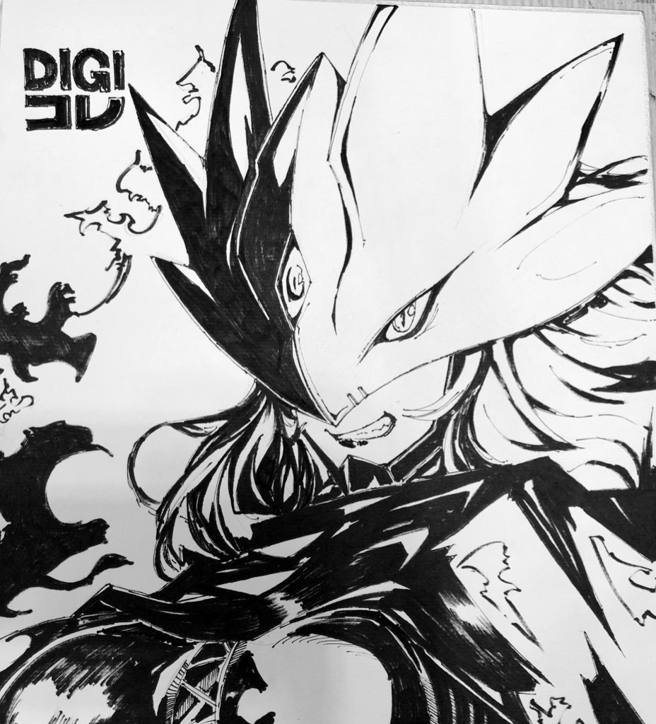 1girl, beelstarmon, breasts, digimon, digimon_(creature), jiyuuya, long_hair, monochrome