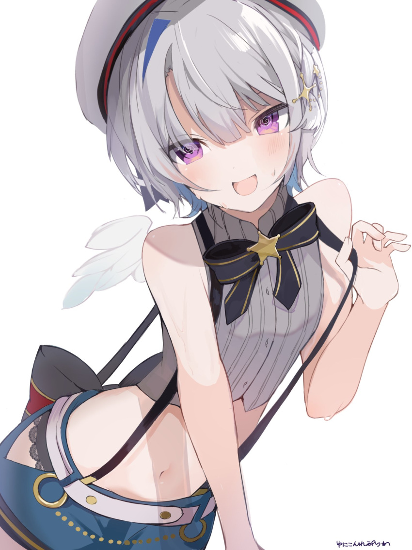 1girl, @_@, alternate_costume, amane_kanata, bare_shoulders, beret, blue_hair, blush, bow, cosplay, grey_hair, hair_ornament, hairclip, hat, highres, hololive, multicolored_hair, navel, oozora_subaru, oozora_subaru_(cosplay), oozora_subaru_(work), open_mouth, pink_eyes, replicayunikorn, shirt, short_hair, shorts, single_hair_intake, sleeveless, sleeveless_shirt, smile, solo, star_(symbol), suspenders_pull, virtual_youtuber, wings