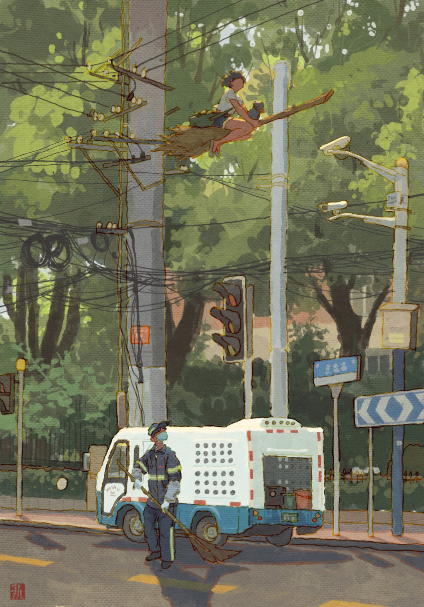1boy, 1girl, bag, bare_arms, baseball_cap, black_cat, black_footwear, black_jacket