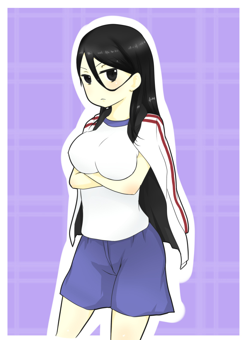 >:(, 1girl, a_certain_high_school_gym_uniform, alternate_eye_color, arms_under_breasts, bare_arms, black_eyes, black_hair