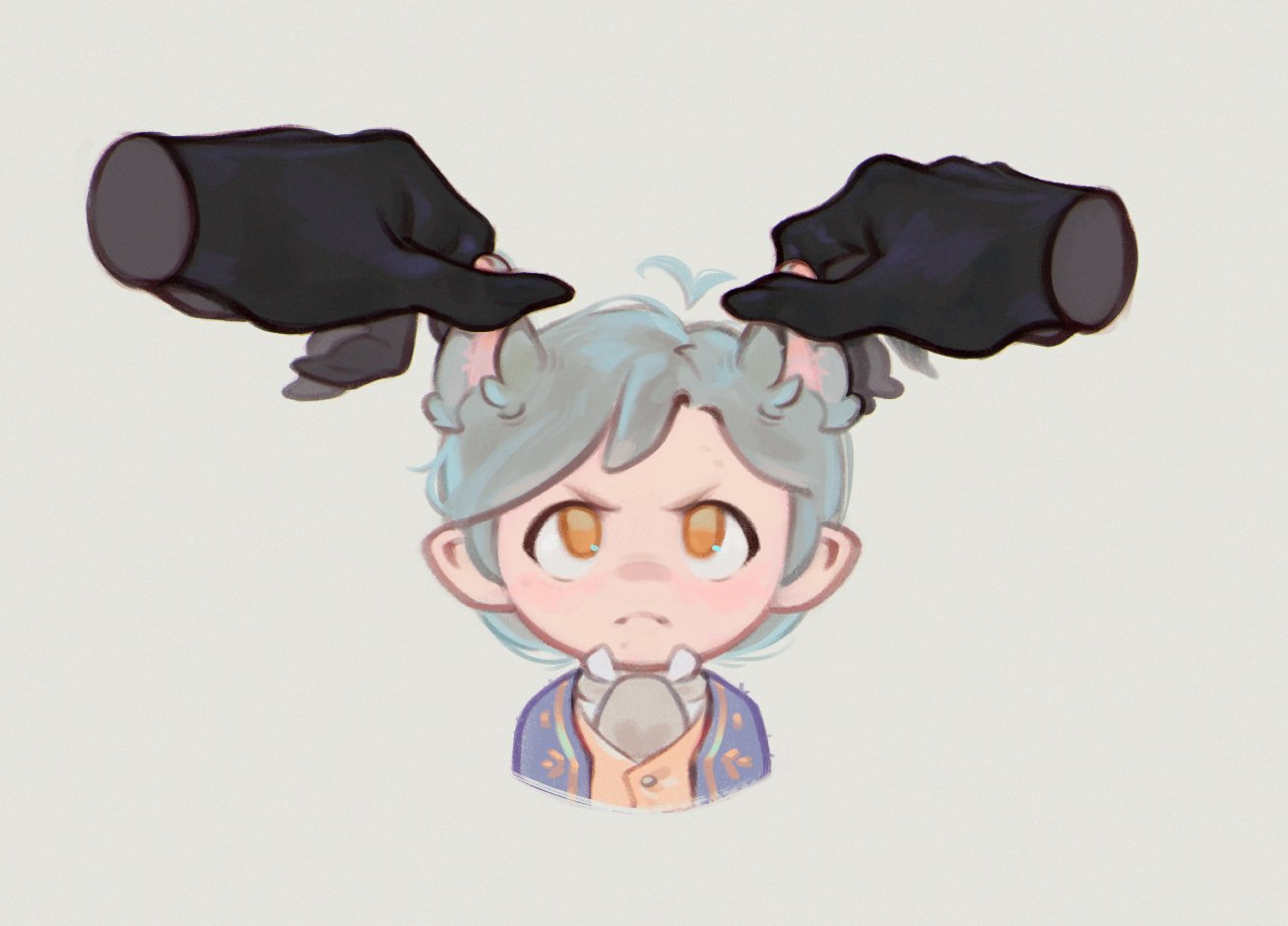 1boy, alcina_dimitrescu, animal_ears, ascot, blush, cat_ears, grey_hair, looking_ahead