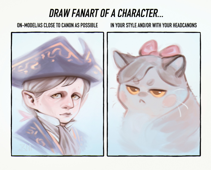 1boy, animalization, cat, grey_hair, highres, looking_at_viewer, multiple_drawing_challenge, on-model_vs_in_your_style_challenge