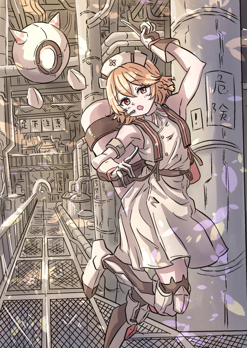 1girl, arm_up, bare_shoulders, black_gloves, blonde_hair, braid, buttons, collared_dress