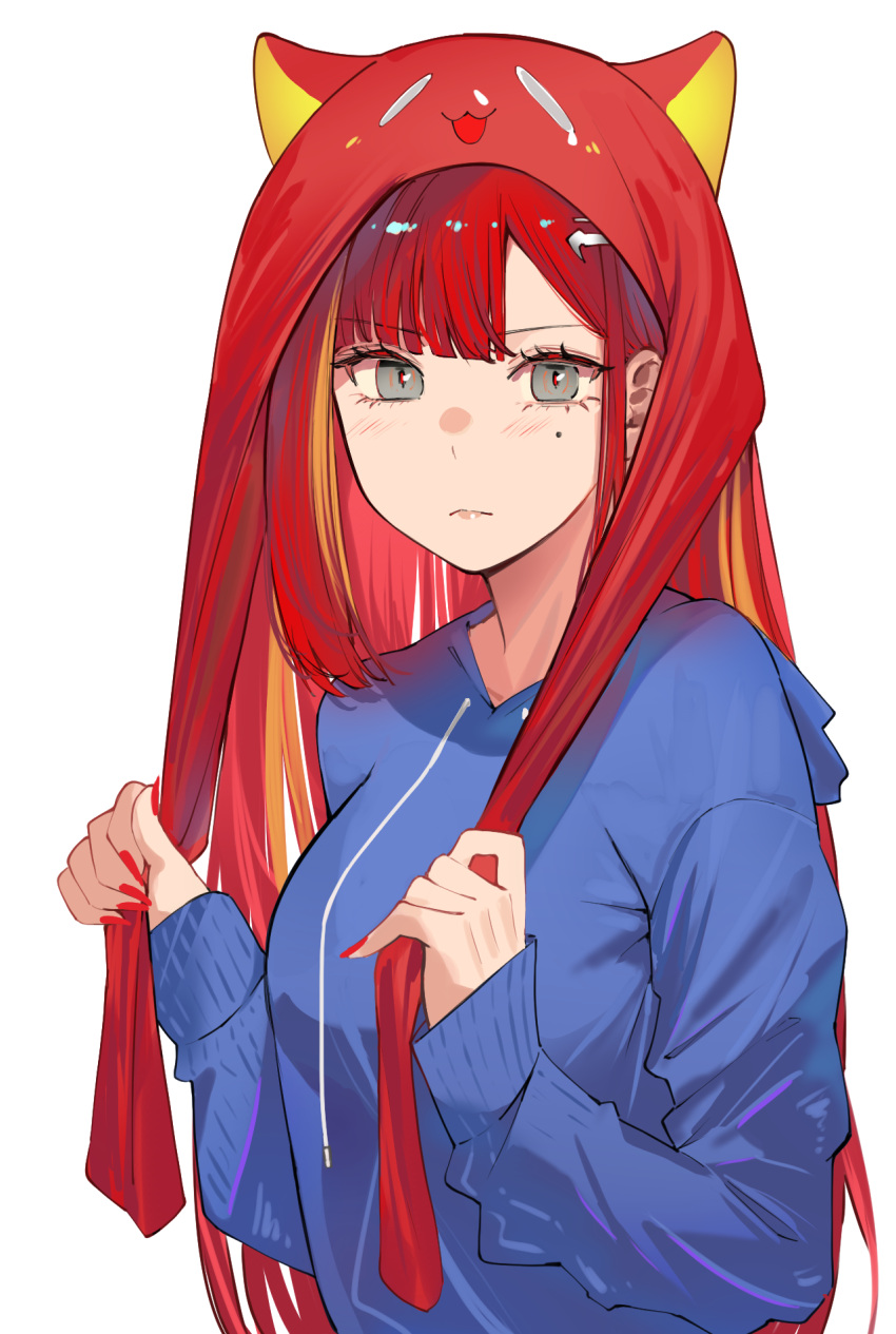 1girl, akane_lize, blonde_hair, blue_hoodie, blunt_bangs, blush, breasts, character_hood