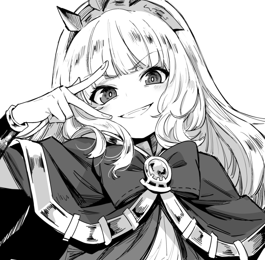 1girl, cagliostro_(granblue_fantasy), cape, granblue_fantasy, greyscale, grin, hairband, kanimura_ebio