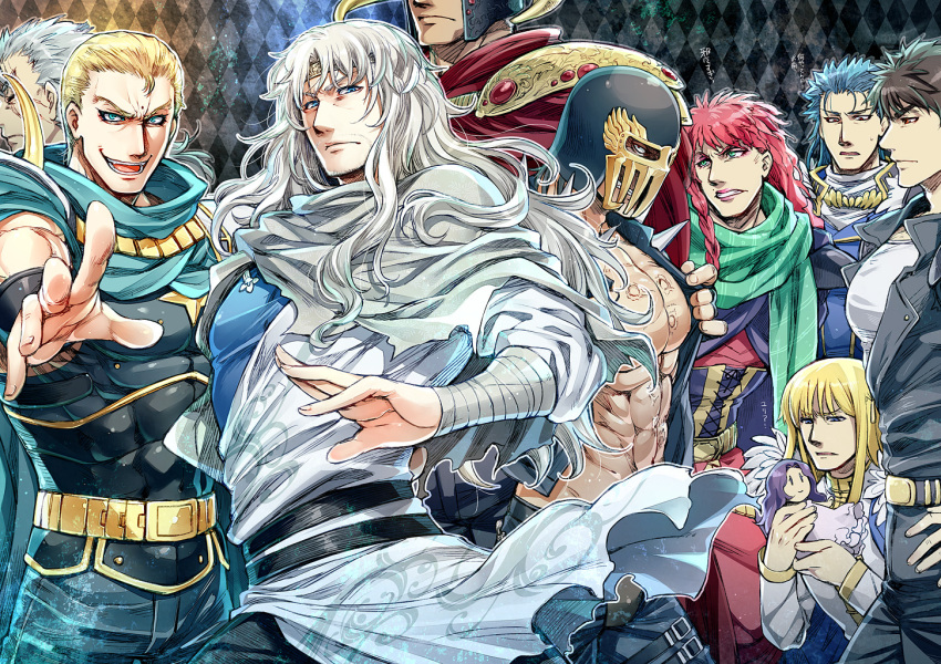 blonde_hair, blue_hair, brown_hair, character_doll, doll, head_out_of_frame, hokuto_no_ken, itsuki_(bind_weed)