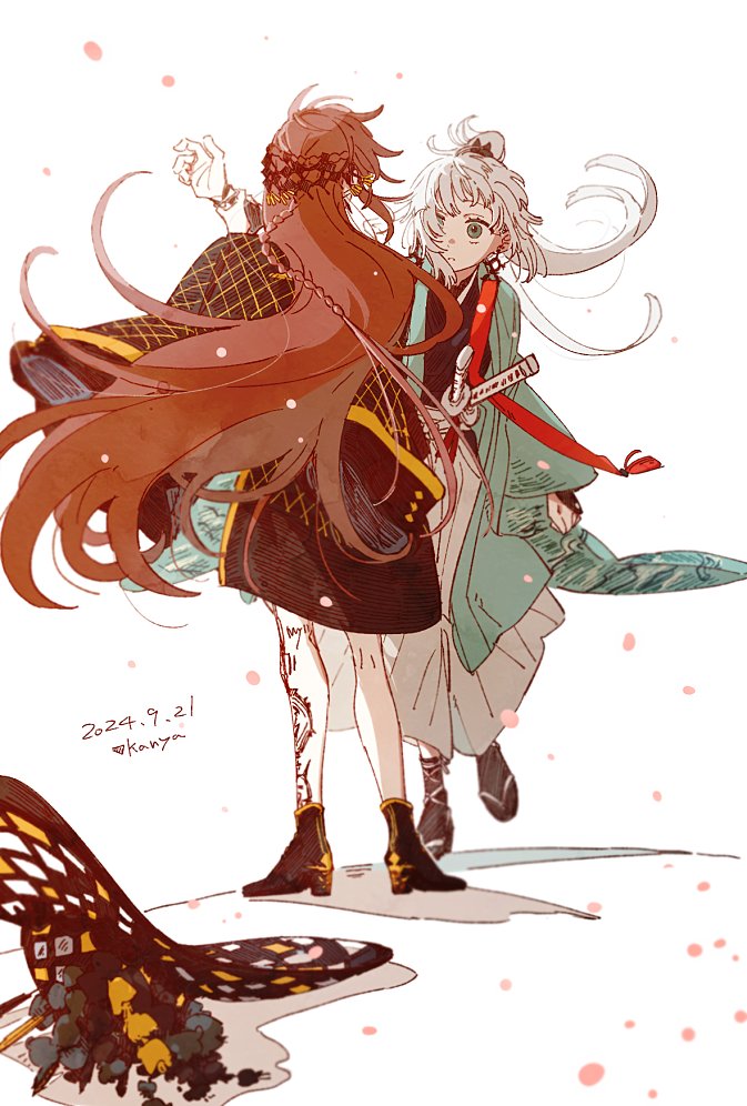 2girls, aqua_haori, artist_name, black_coat, black_footwear, black_kimono, braid, coat