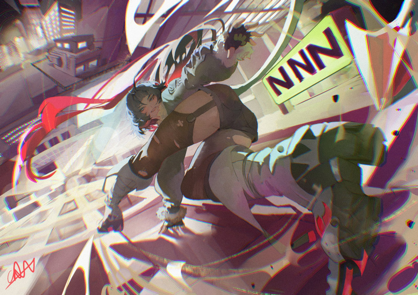 1girl, animal_ears, black_hair, black_shorts, blunt_bangs, chocorivarts, fingerless_gloves, fur-trimmed_jacket