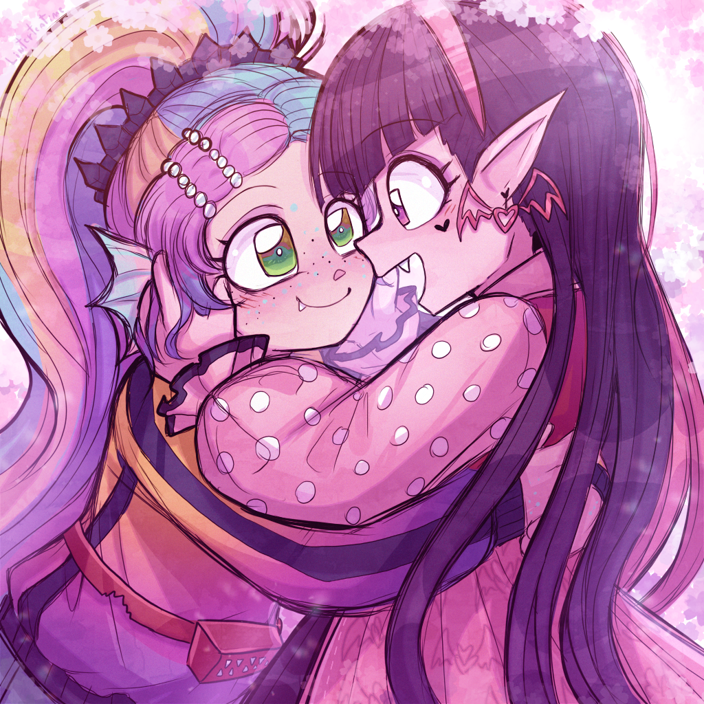 2girls, blonde_hair, blue_hair, blue_skin, breasts, bright_pupils, colored_skin, draculaura