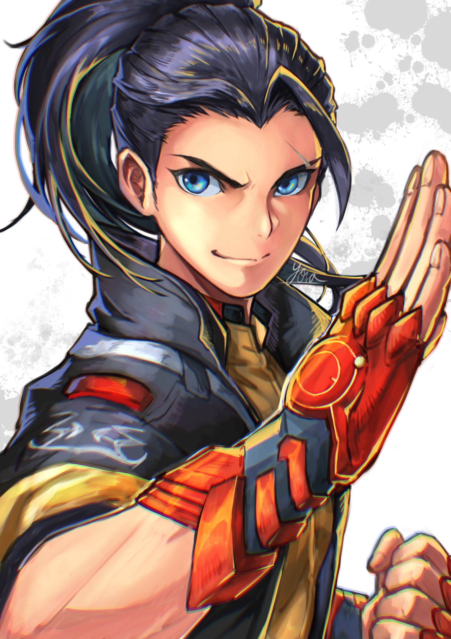 1boy, black_hair, black_jacket, blue_eyes, clenched_hand, closed_mouth, commentary_request, fighting_stance