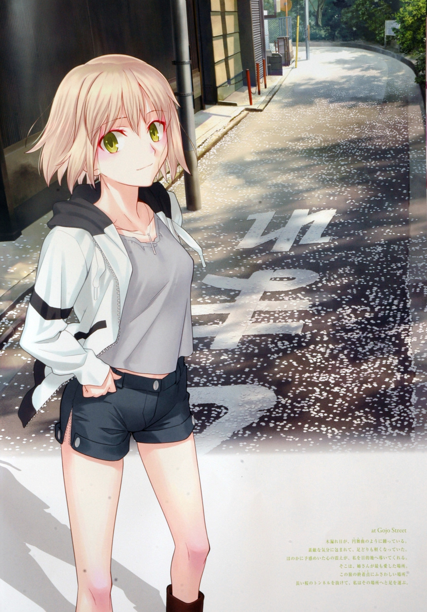 blonde_hair, boots, building, cherry_blossoms, copyright_request, cross, eyeshadow, flat_chest