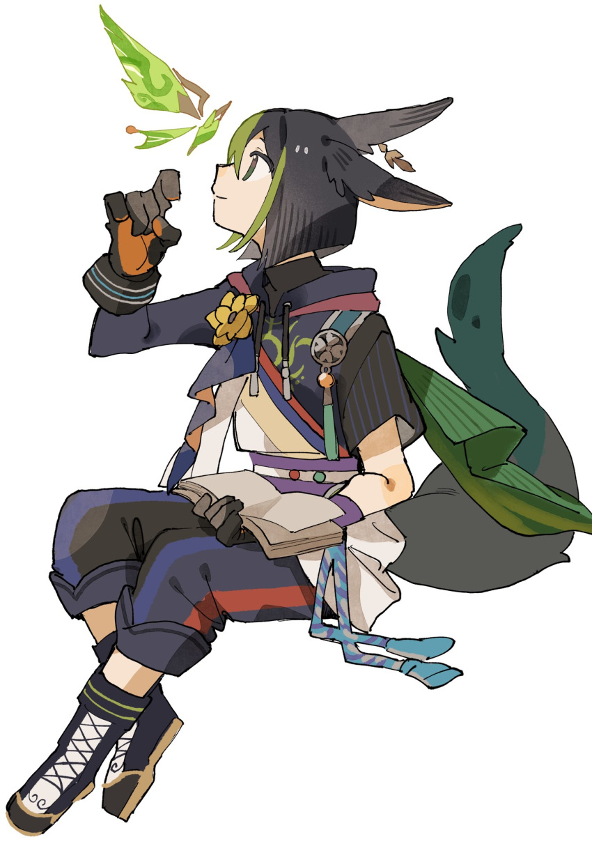 1boy, animal_ears, asymmetrical_sleeves, black_footwear, black_gloves, black_hair, black_pants, black_shirt