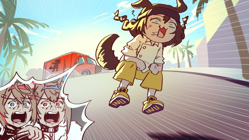 :3, ?, absurdres, accident, ambulance, animal_ears, blue_sky, braid