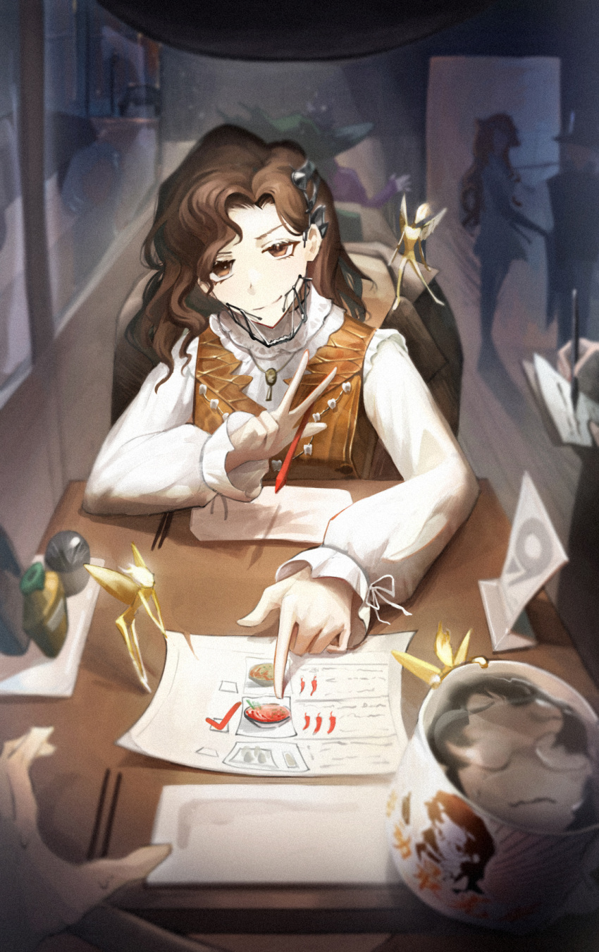 >:), 1other, 6+girls, between_fingers, black_hair, blurry, blurry_background, braces, brown_eyes, brown_hair, chopsticks, clipboard, cup, dress, fairy, glasses, hands_up, highres, holding, holding_pencil, index_finger_raised, indoors, isolde_(reverse:1999), jewelry, kakania_(reverse:1999), long_hair, long_sleeves, looking_at_viewer, maliketh, menu, mug, multiple_girls, necklace, pencil, pointing, pov, pov_across_table, pov_hands, red_dress, reflection, reflective_water, restaurant, reverse:1999, shirt, sitting, smile, solo_focus, sonetto_(reverse:1999), straight-on, table, tooth_fairy_(reverse:1999), tooth_necklace, v-shaped_eyebrows, vertin_(reverse:1999), w, wavy_mouth, white_shirt, writing, z_(reverse:1999)