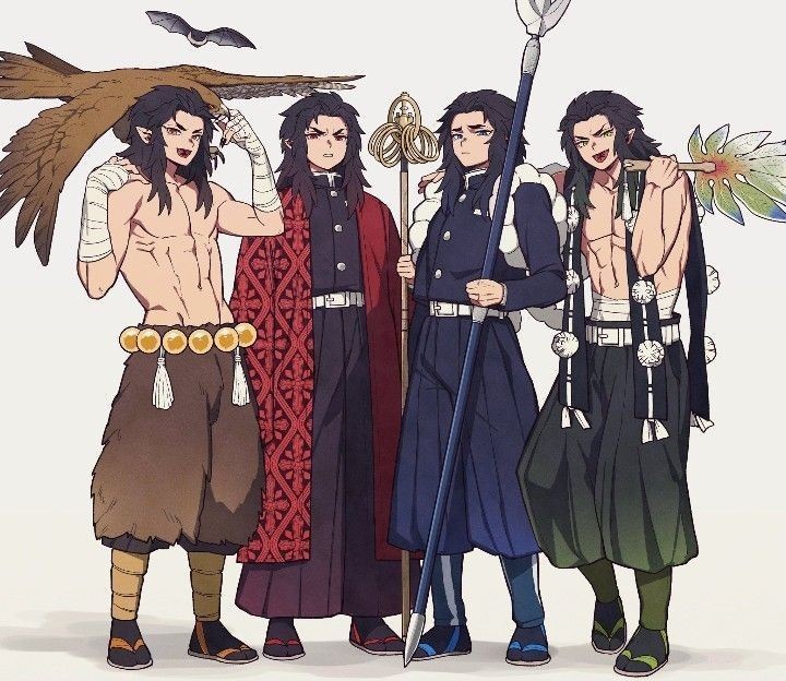 4boys, aizetsu_(kimetsu_no_yaiba), artist_request, bandaged_arm, bandages, bird, blue_eyes, blue_jacket