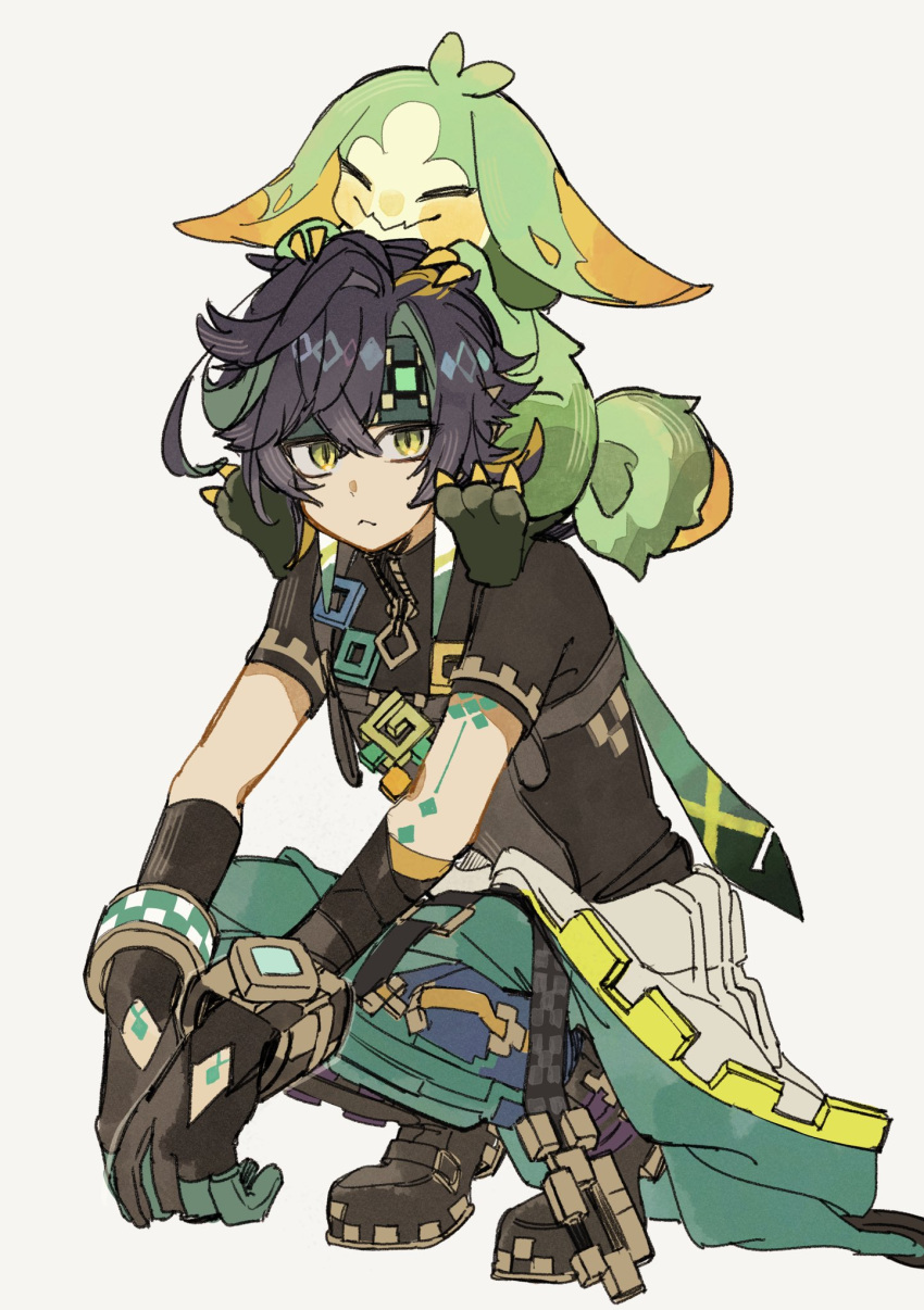 1boy, :<, ^_^, aqua_pants, arm_tattoo, black_footwear, black_gloves, black_hair