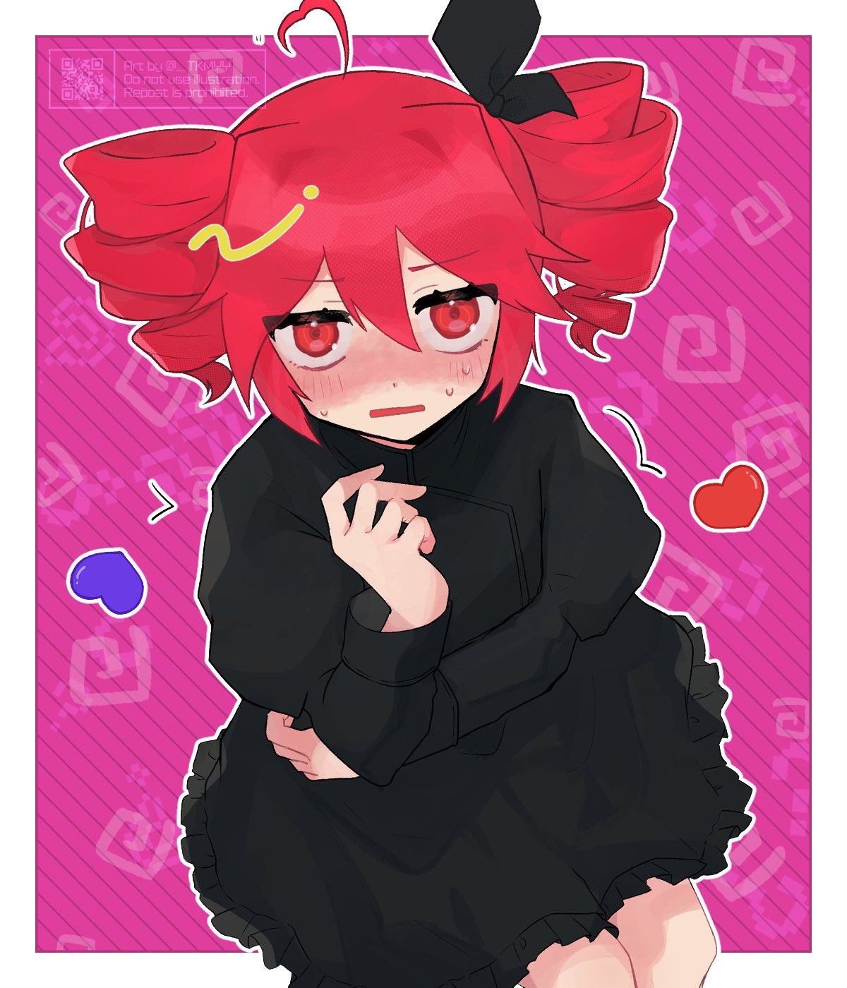 1girl, ahoge, alternate_costume, arm_under_breasts, black_dress, blush, bow, dress