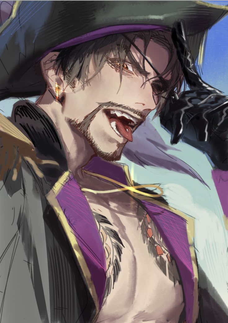 1boy, black_gloves, black_hair, blue_sky, coat, eyepatch, facial_hair, fangs