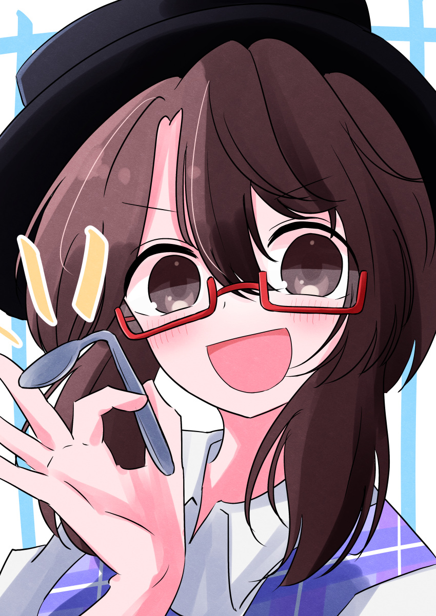 1girl, absurdres, azumayoriko, black_hat, blush, brown_eyes, brown_hair, glasses