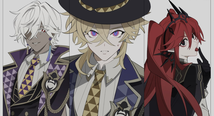 1girl, 2boys, aiguillette, aventurine_(honkai:_star_rail), aventurine_(stoneheart's_oath_ring)_(honkai:_star_rail), black_coat, black_eyes, black_gloves