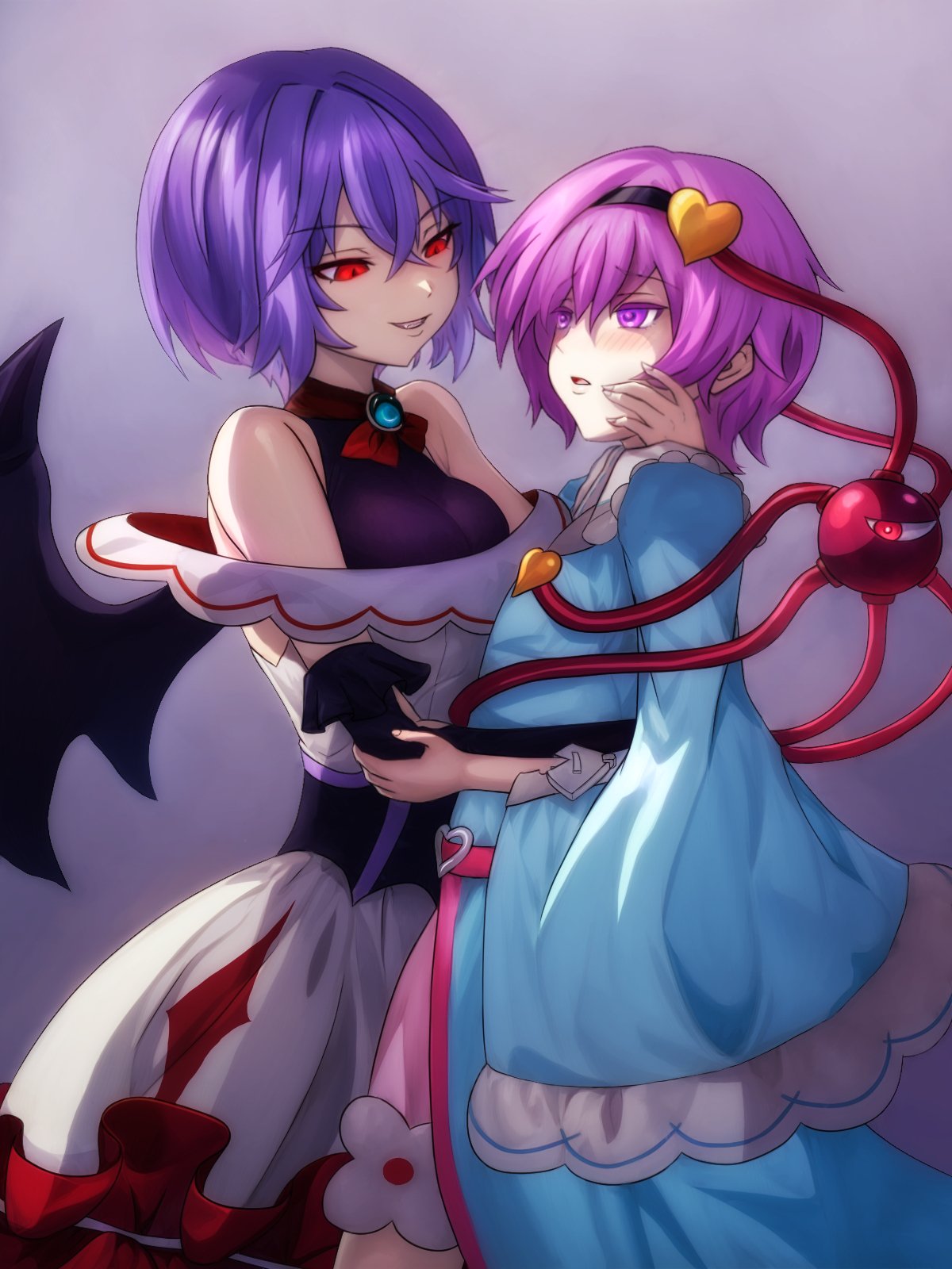 2girls, alternate_costume, bare_shoulders, bat_wings, black_shirt, blue_dress, breasts, brooch
