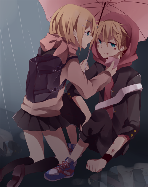 bad_id, bag, blonde_hair, blue_eyes, brother_and_sister, bruise, hair_ornament, hairclip, hoodie, injury, kagamine_len, kagamine_rin, kouko, rain, randoseru, ryouka_(nm0407), short_hair, siblings, sitting, skirt, twins, umbrella, vocaloid
