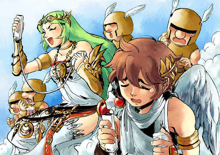 1girl, angel, angel_wings, armlet, blue_sky, centurion_(kid_icarus), chain, controller