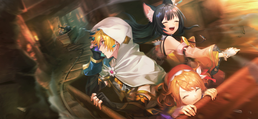2girls, 3boys, :d, ^_^, absurdres, animal_ear_fluff, animal_ears, atelier_(series)