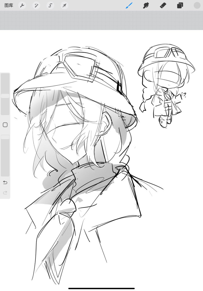 1girl, art_program_in_frame, bessmert_(reverse:1999), blindfold, braid, chibi, chibi_inset, commentary, cropped_shoulders, english_commentary, goggles, goggles_on_headwear, greyscale, grin, hat, highres, lapels, long_hair, monochrome, neckerchief, notched_lapels, parted_lips, reverse:1999, simple_background, single_braid, sketch, smile, solo_focus, whisperxu9290, white_background