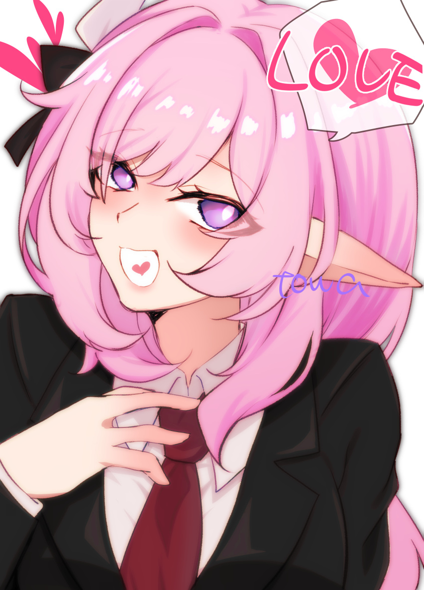 1girl, absurdres, black_jacket, bright_pupils, elysia_(honkai_impact), grin, hair_intakes, hand_on_own_chest